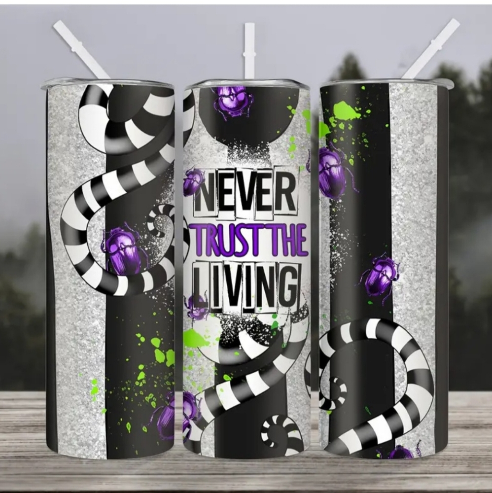 New 20oz Beetlejuice Never Trust the Living Stainless Tumbler w/ Straw